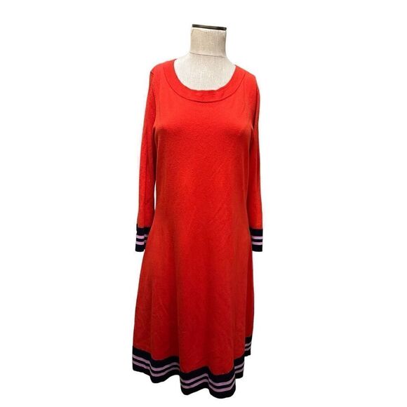 BODEN Trudy Knitted Wool Blend Dress Red Blue Knee Length Bell Sleeve Size 12 - Picture 1 of 12